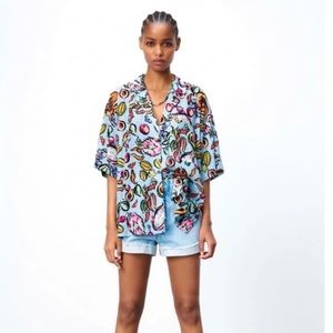 Zara Woman’s small Blue Multicolor fruit print oversized shirt